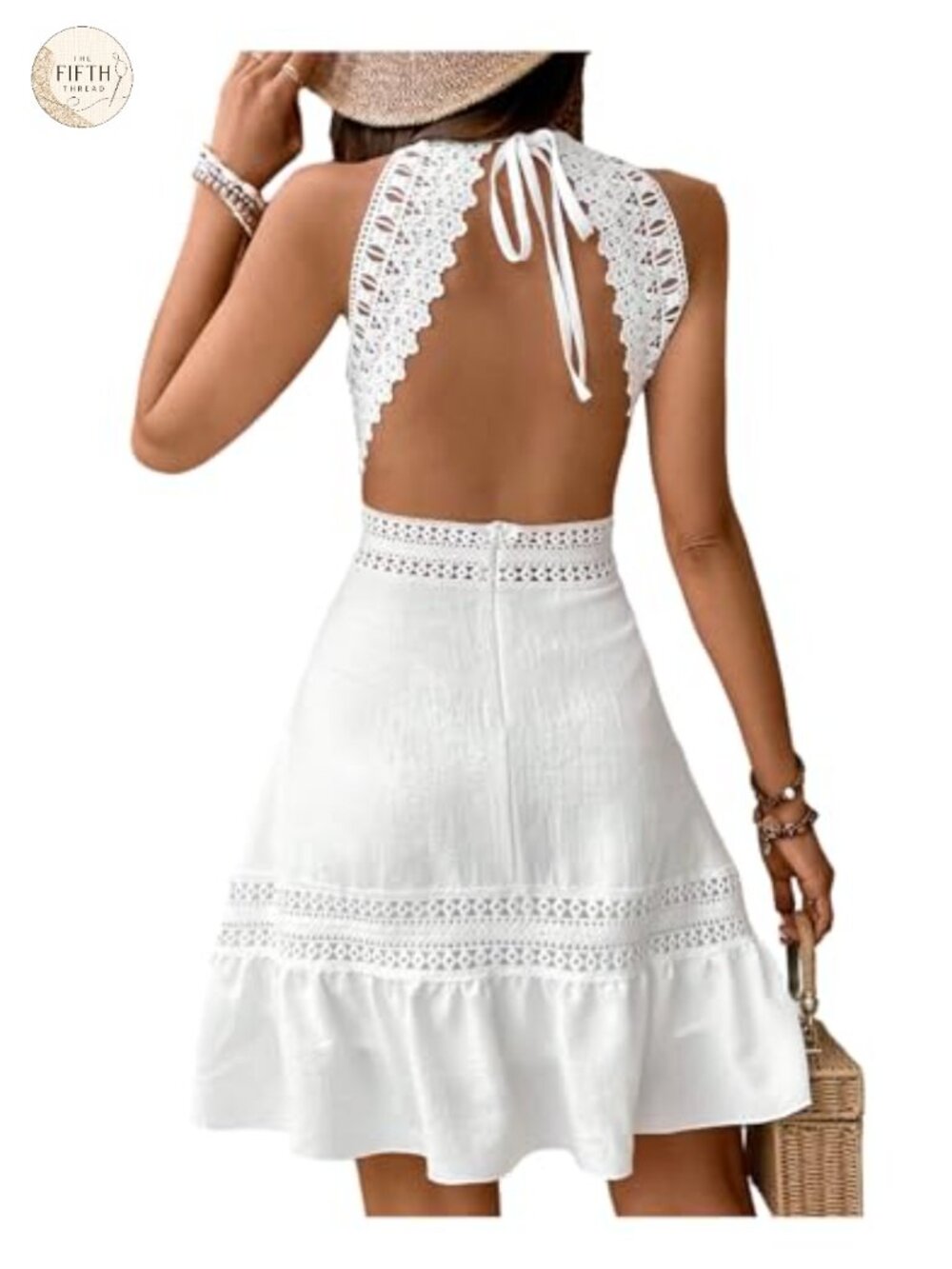 Backless Halter Lace Trim Sleeveless A-Line Dress - Vacation Party Flowy